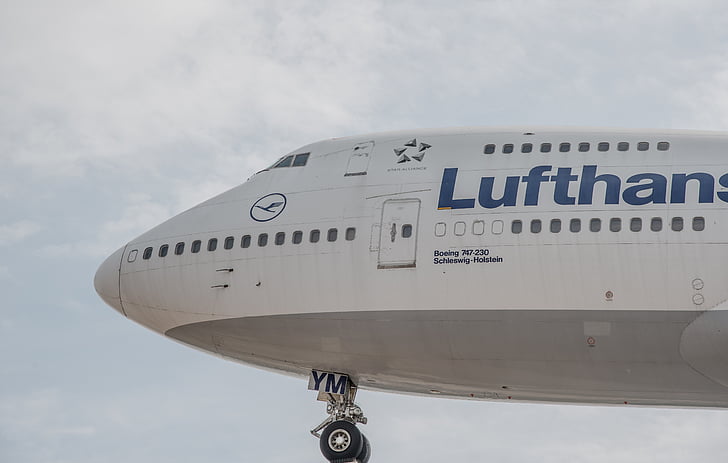 Lufthansa, repülőgép, Boeing, menet közben, légi közlekedés, utasszállító repülőgép, repülőtér