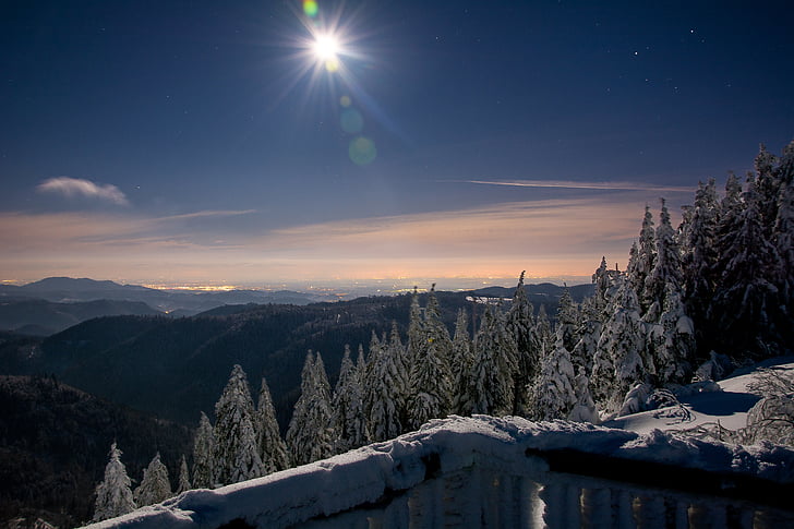 rheinebene przy pełni księżyca, nocne zdjęcie, śnieg, zimno, Niemcy, zimowe, krajobraz