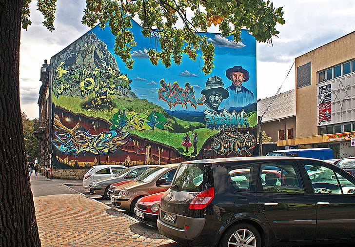 mural, picture, carpathians offer festival, ornament, municipal, cars, city
