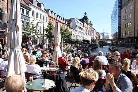 Århus, kehidupan kota, Creek, kafe, Restoran, Sungai, tepi Sungai