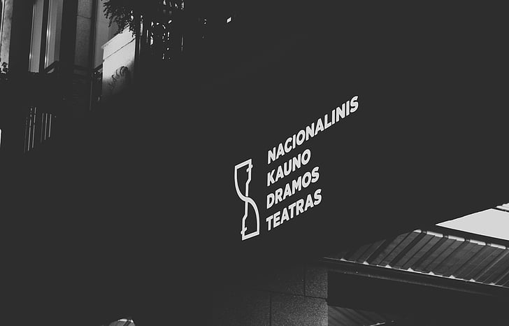arquitectura, Art, en blanc i negre, creativitat, fosc, il·luminat, Teatre de Kaunas