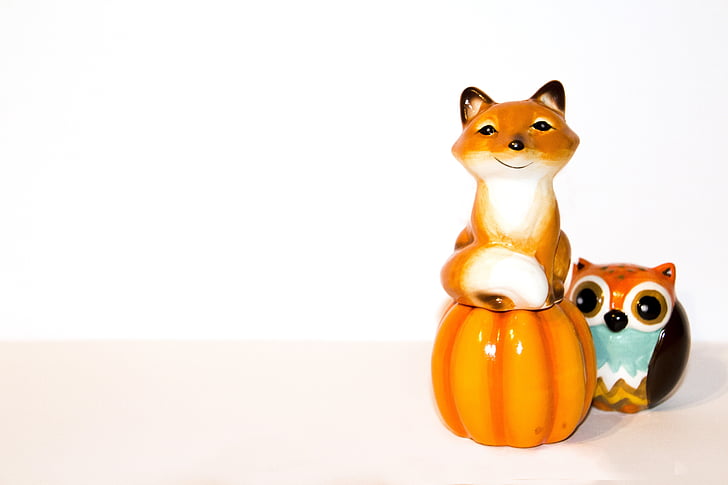 toy fox, toy owl, pumpkin, figures, white, background, set