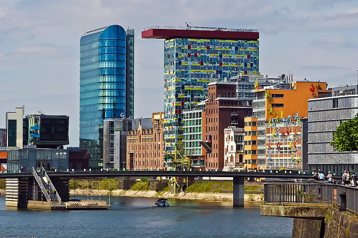 Architektura, Media harbour, Düsseldorf, budova, přístav, moderní, město