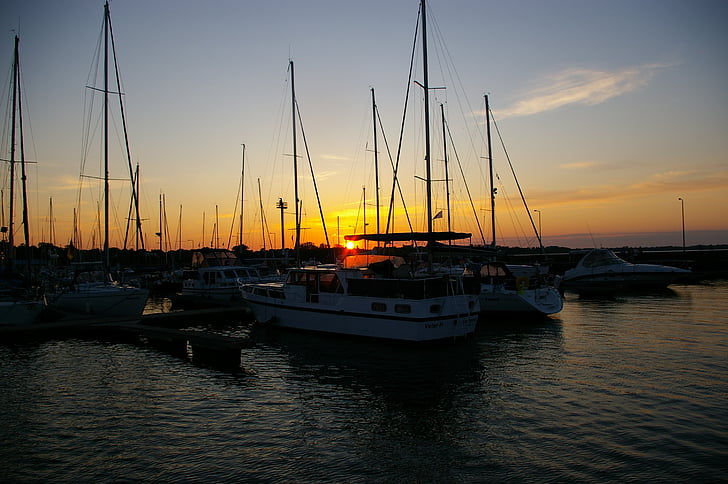 soirée, coucher de soleil, voile, port, Stralsund, Sky, eau