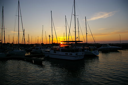 nit, posta de sol, vela, Portuària, Stralsund, cel, l'aigua