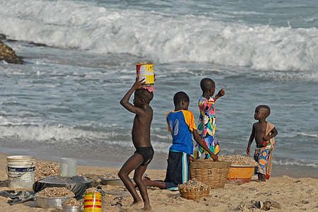 ghana, children, surf, sea, water, mussels