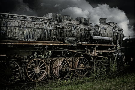 cinza, preto, foto, locomotiva a vapor, Trem, estrada de ferro, agricultura