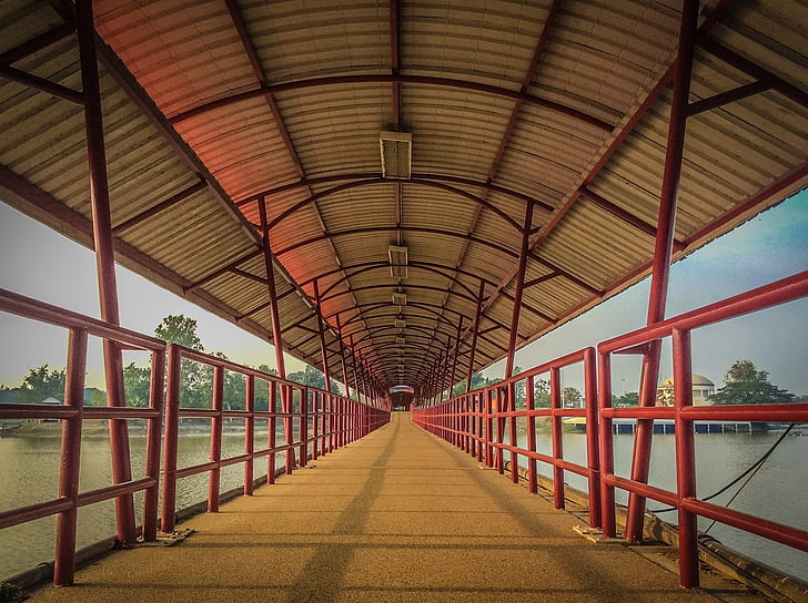 garis, merah, Jembatan, bayangan, Kolam, arsitektur