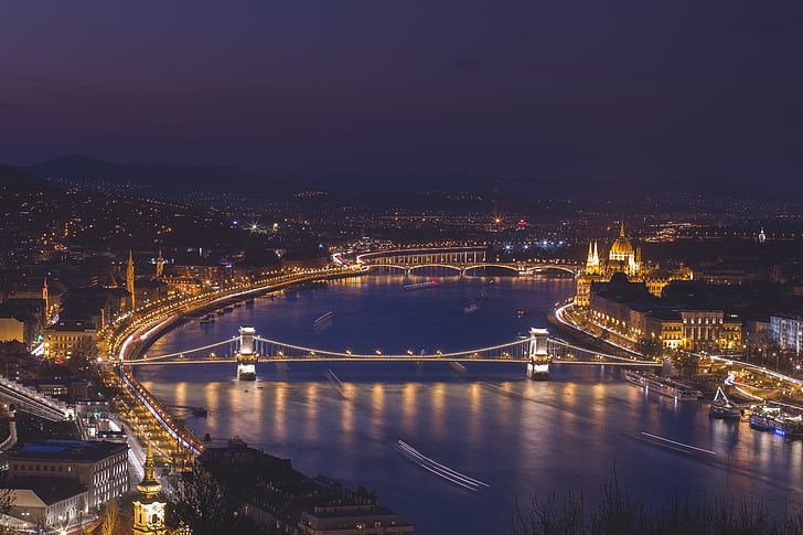 ponte, cidade, iluminação, luzes, à noite, Rio, imagens de domínio público