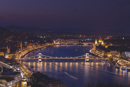 Bridge, thành phố, chiếu sáng, đèn chiếu sáng, đêm, sông, tên miền công cộng hình ảnh