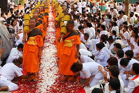 buddhisták, szerzetesek, séta, hagyomány, ünnepség, Thaiföld, thai