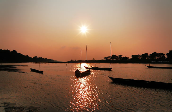 pôr do sol, paisagem, Assam, Índia, paisagens, natural, embarcação náutica