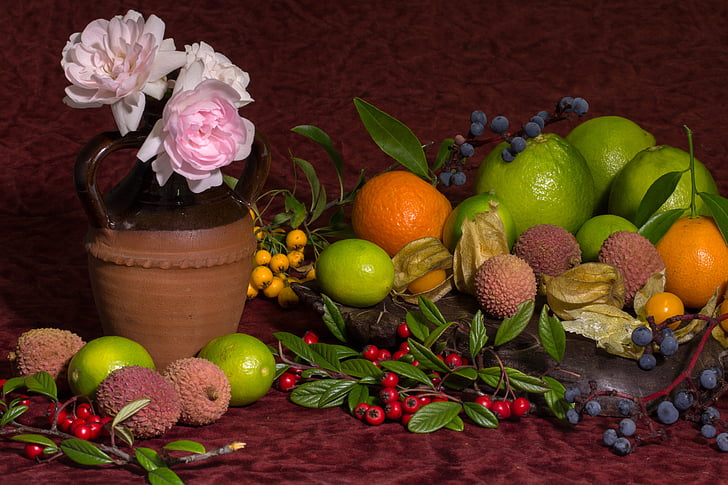 Still-Leben, Blumen, Rosen, Litschi, rosa rose, Orangen, Zitrusfrüchte
