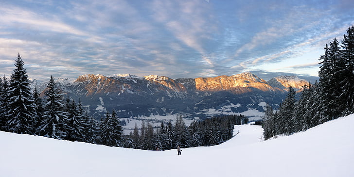 panorama, montañas, posluminiscencia, montaña de Dachstein, invierno, nieve, esquí