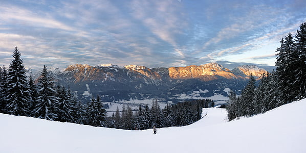 panoráma, hegyek, lemenő nap utolsó sugarai, Dachstein-hegy, téli, hó, Ski