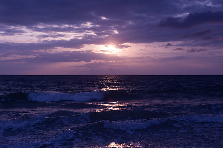 oscuro, puesta de sol, mar, Océano, ondas, agua, naturaleza