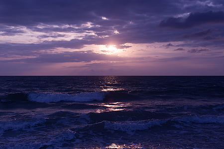 sötét, naplemente, tenger, óceán, hullámok, víz, természet