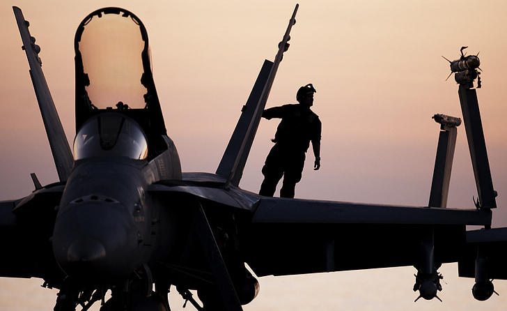military aircraft, pre-flight, inspection, silhouette, f-18, jet, aircraft carrier