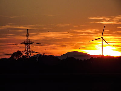 energía eólica, generación de energía, silueta, puesta de sol, cielo de la tarde, abendstimmung, paisaje