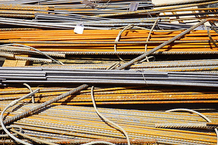 iron rods, reinforcing bars, steel for construction, rusty, building material, site, steel