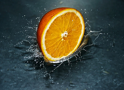 orange, falling, water, splash, fresh, fruit, food