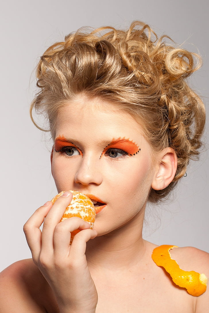 woman, portrait, makeup, model, fruit, tangerine, fashion