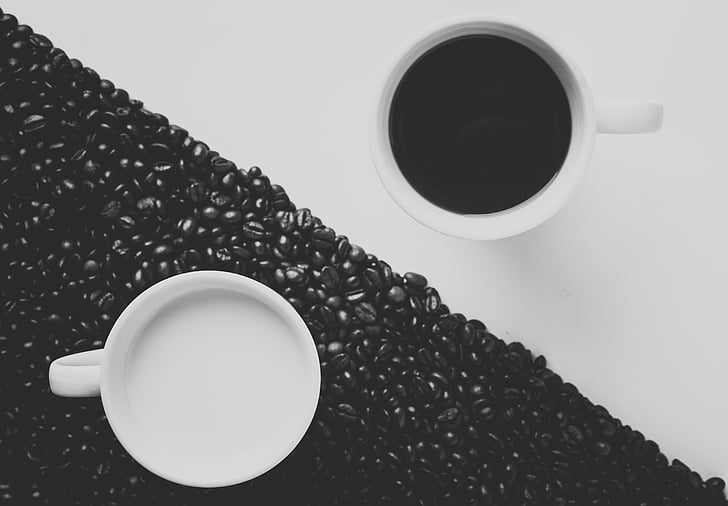 two, white, ceramic, mug, coffee, milk, black