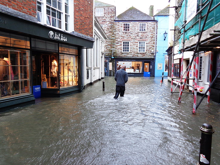 Fowey, vila, Cornwall, rua, estrada, Estreito, inundação