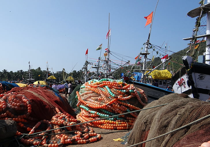 fiskegarn, fiske, havn, fiskefartøy, garn, India, nautiske fartøy