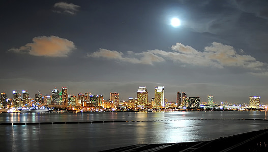 San diego, California, naktī, vakarā, mēness, pilsēta, pilsētās