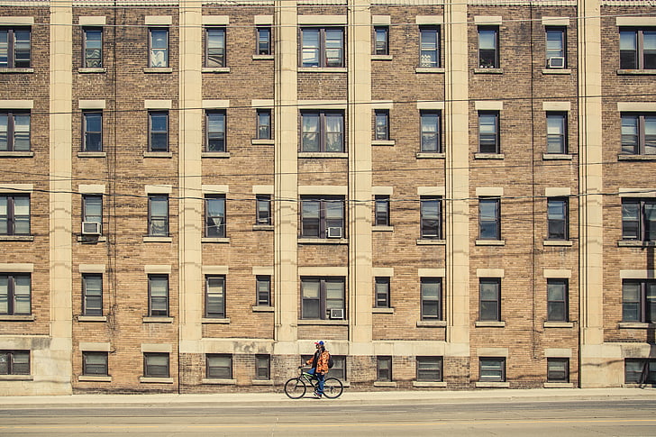 bicycle, building, city, facade, neighborhood, street, windows