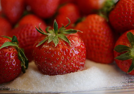 strawberries, sugar, dessert, red fruits, fruit, freshness, food