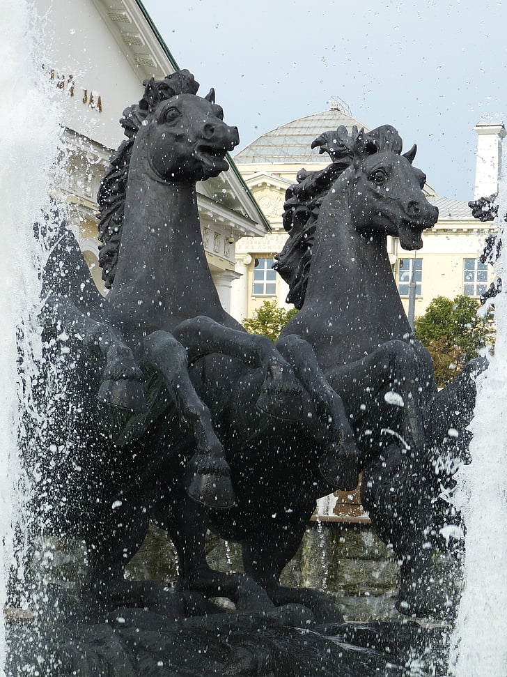 caballos, fuente, Moscú, Rusia, capital, Kremlin, Parque