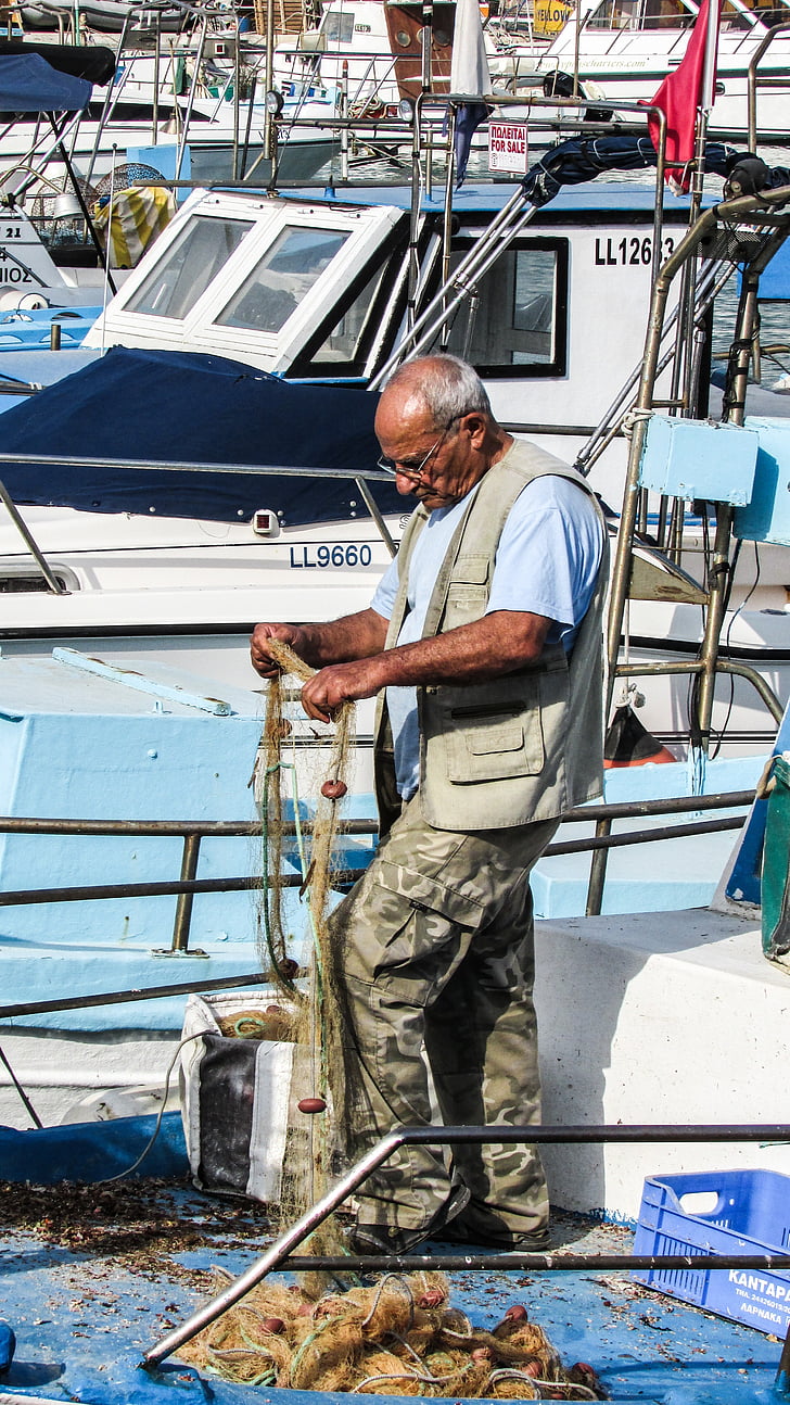 nelayan, jaring, memperbaiki jaring, Memancing, tradisional, Pelabuhan, Siprus