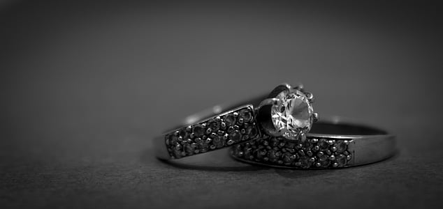 hitam-putih, Close-up, Desain, berlian, cincin pertunangan, perhiasan, mewah