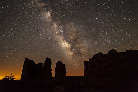 Melkweg, sterren, rotsen, nacht, landschap, vierkante toren, Utah