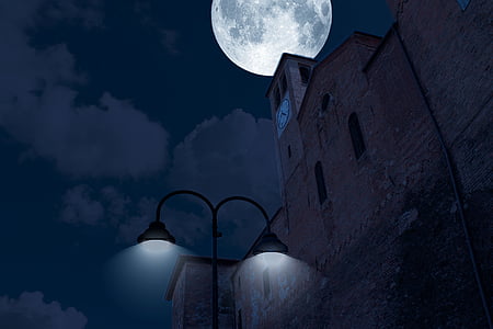 night, luna, sky, full moon, clouds, flare, castle