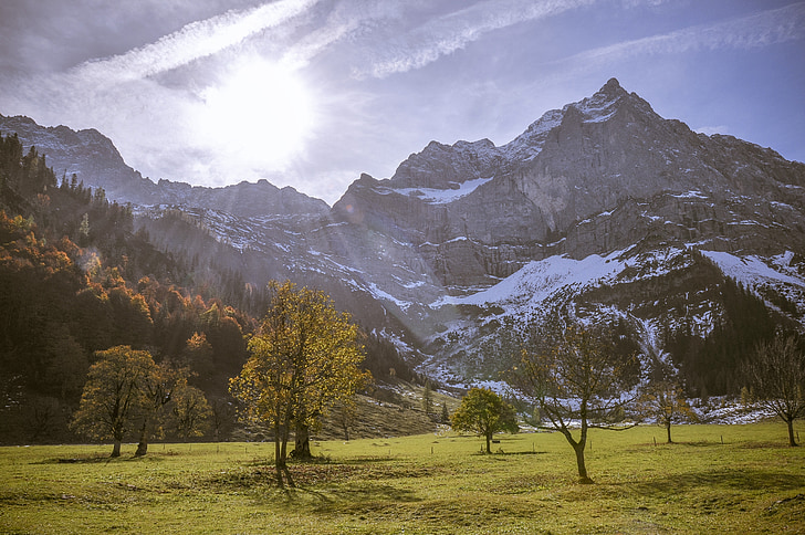 Karwendel, Alpski, nazaj luči, gore, dreves, jeseni, SLO