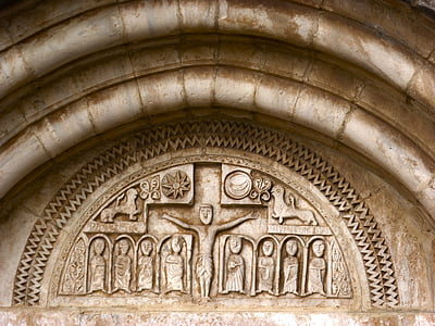 ušní bubínek, portalada, Románský, Pantokrator, reliéf, Siurana