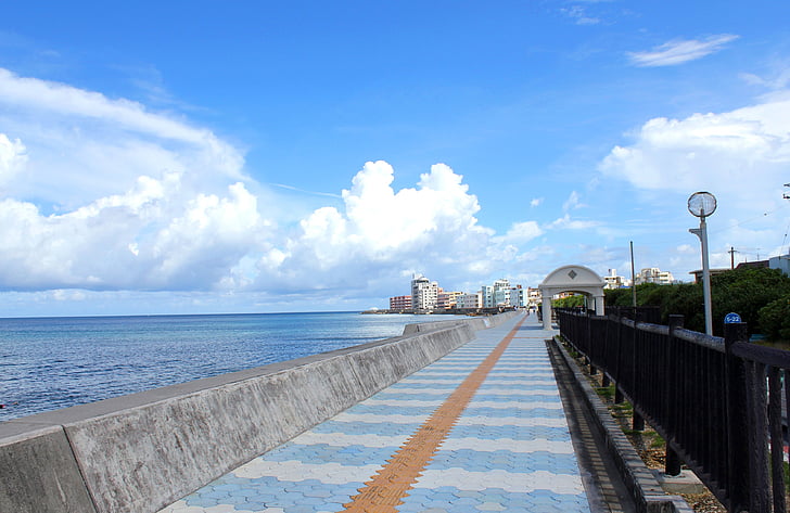 blauwe hemel, zee, aan zee, Promenade, Miyagi kust, aan het strand, zomer wolken
