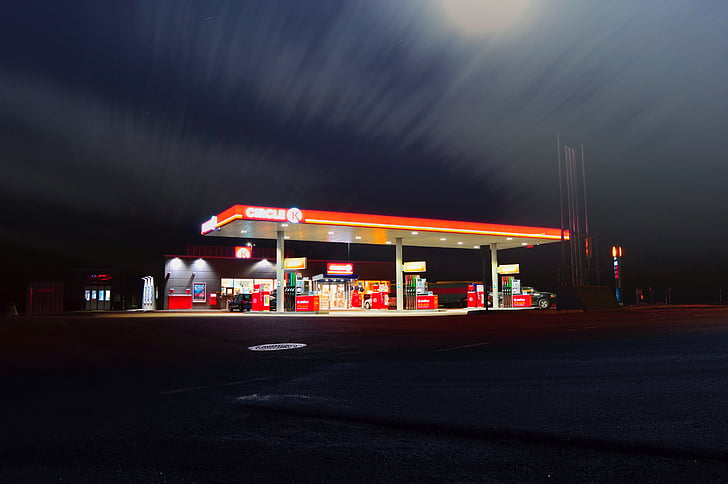 dark, night, filling, gas, station, fuel, illuminated