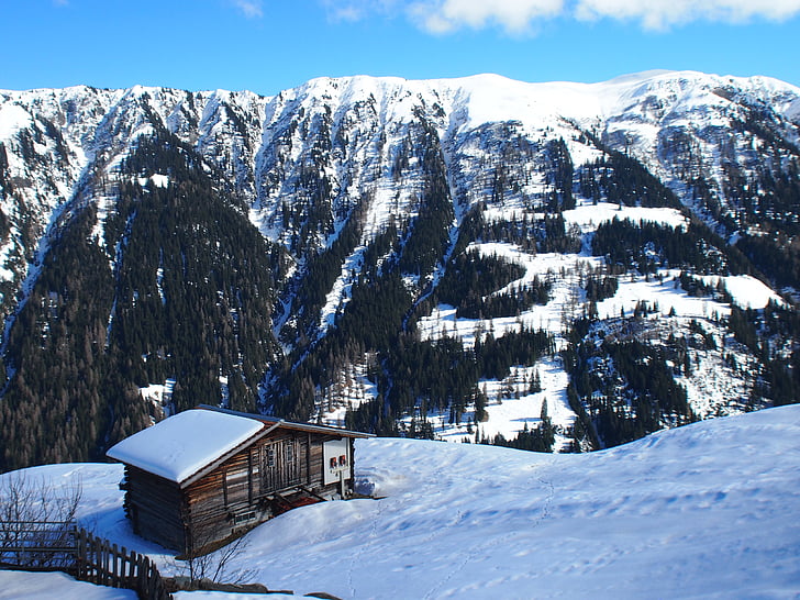alpine, mountains, winter, snow, wintry, hut