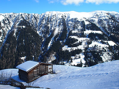 Alpin, bergen, vinter, snö, vintrig, Hut