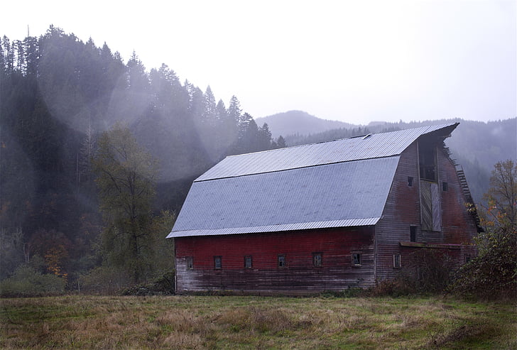 сірий, дах, червоний, пофарбовані, будинок, поблизу, Гора