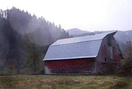 šedá, střecha, červená, malované, dům, poblíž, Hora