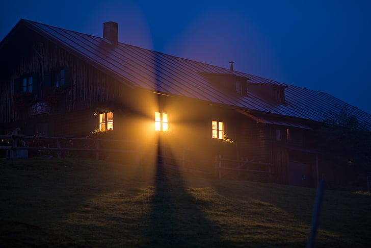 window, fog, house, cabin, god rays, windows 10, night
