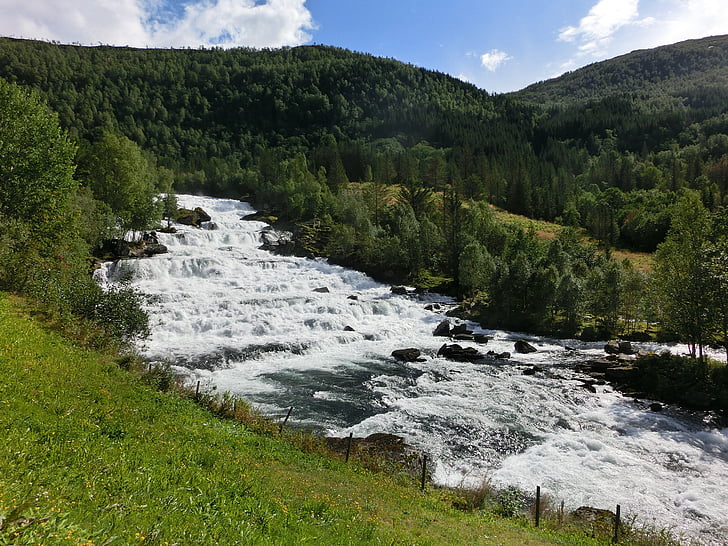 Vodopad, Norveška, stijena, divlje, postupno, šum, Rika