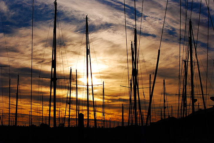 Закат, Фото, парусные лодки, Сумерки, силуэт, небо, облака