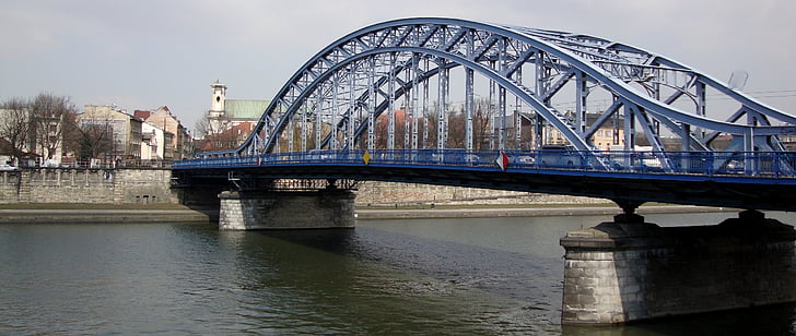 bridge, crossing, steel frame, river, architecture, poland, kraków