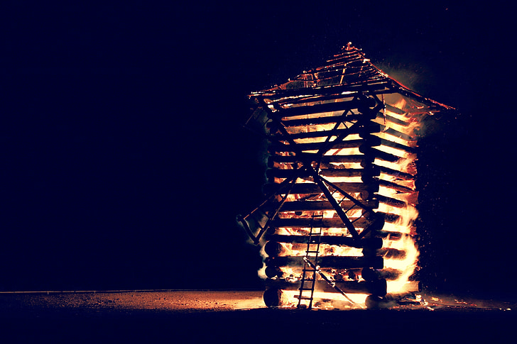 Veterný mlyn, drevo, oheň, plamene, noc, tmavé
